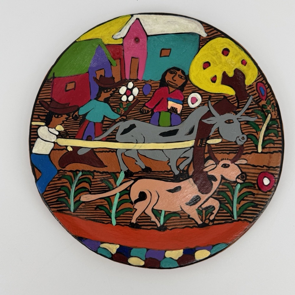 Hand Painted Mexican Folk Art Clay Wall Plaque Farm Animals 6" Boho Primitive